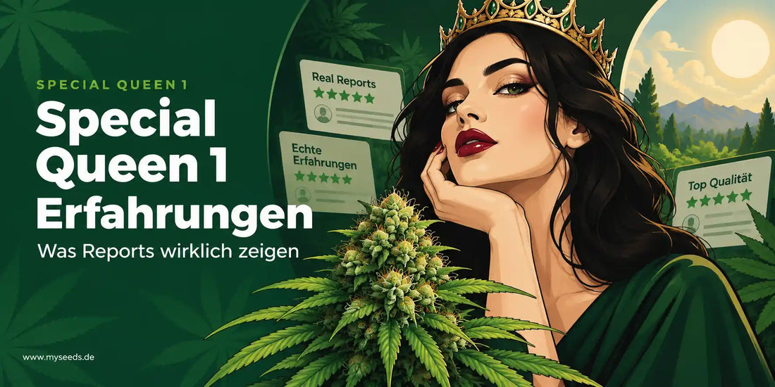 Special Queen 1 Grow Reports als Grafik mit Queen, Cannabisblüte und dargestellten Erfahrungswerten