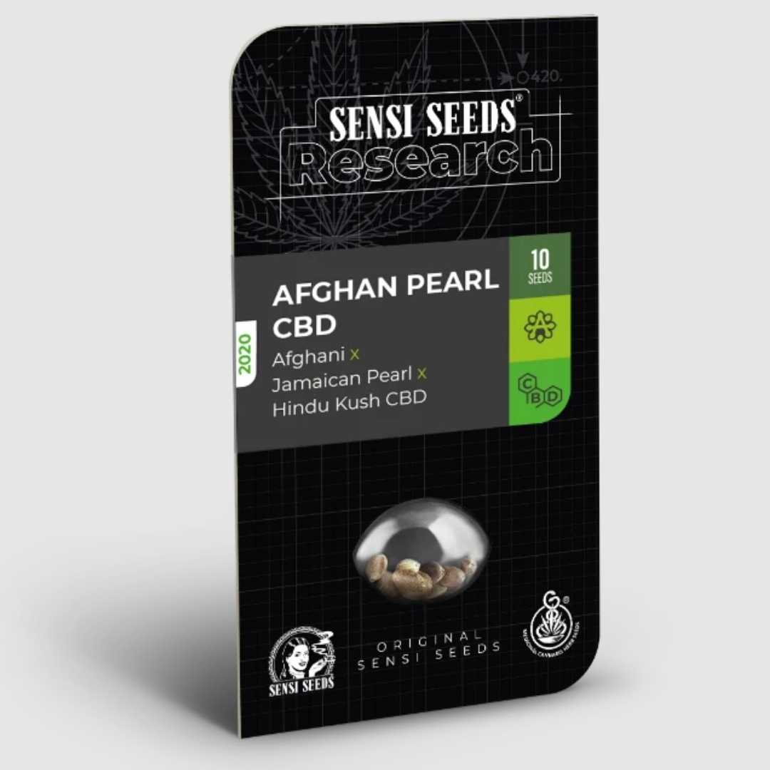 Schwarze Samenpackung Afghan Pearl CBD von Sensi Seeds Research mit grünem Label und Sorteninfos