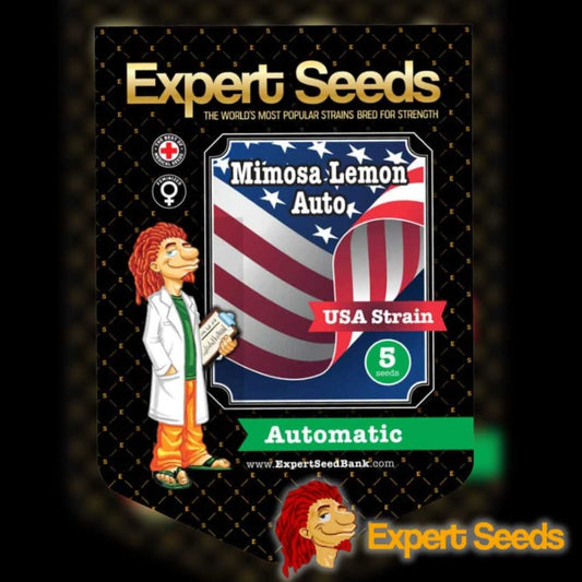 Verpackung der Auto Mimosa Lemon Samen von Expert Seeds mit USA-Flagge und grünem Automatic-Label