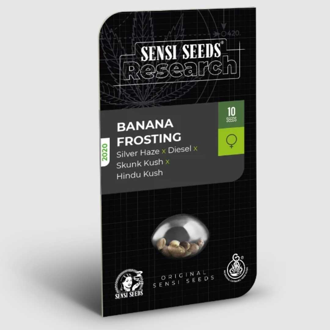 Packung von Banana Frosting Cannabis Samen von Sensi Seeds mit schwarzem Design und grüner Beschriftung.
