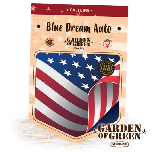 Verpackung von Auto Blue Dream mit US-Flaggenmotiv und Garden of Green Logo