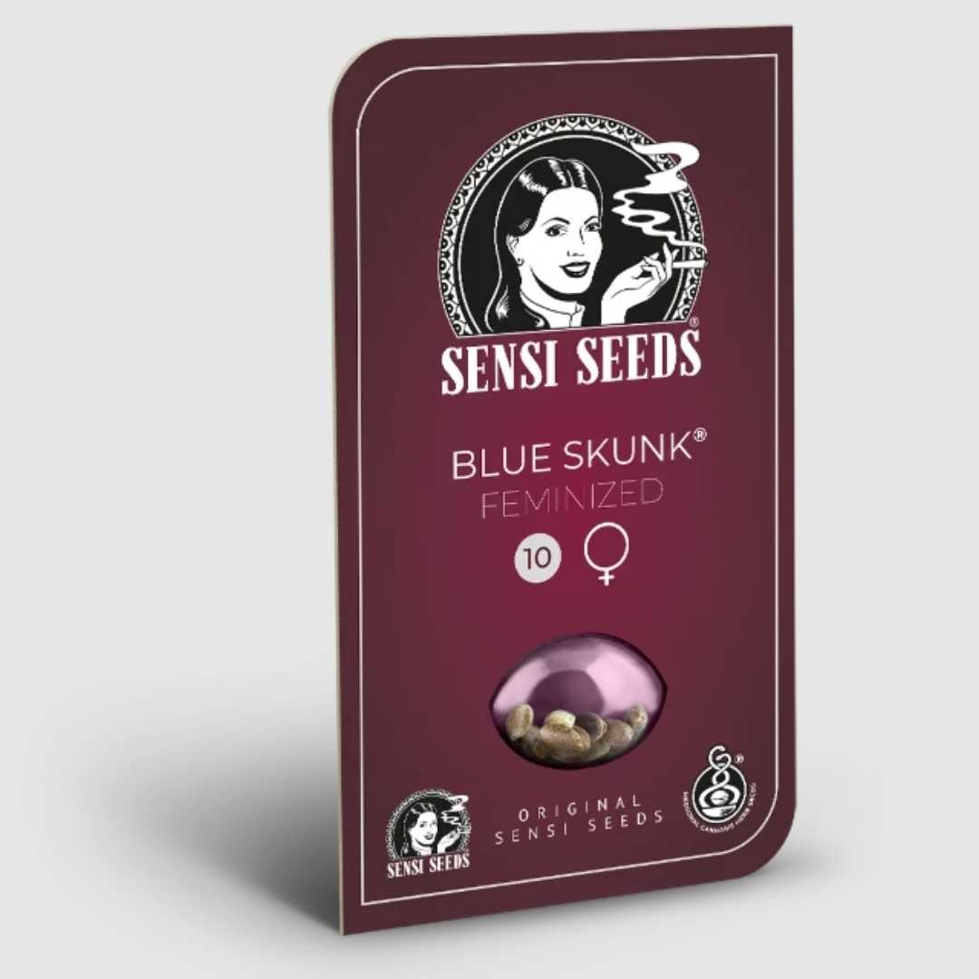Blue Skunk Samenverpackung von Sensi Seeds in Bordeaux mit feminisiertem Symbol und glänzendem Samenmotiv