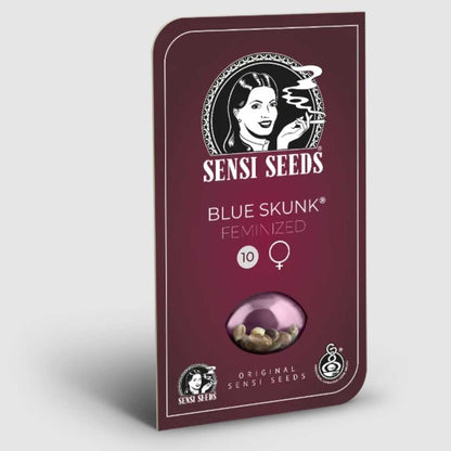 Blue Skunk Samenverpackung von Sensi Seeds in Bordeaux mit feminisiertem Symbol und glänzendem Samenmotiv