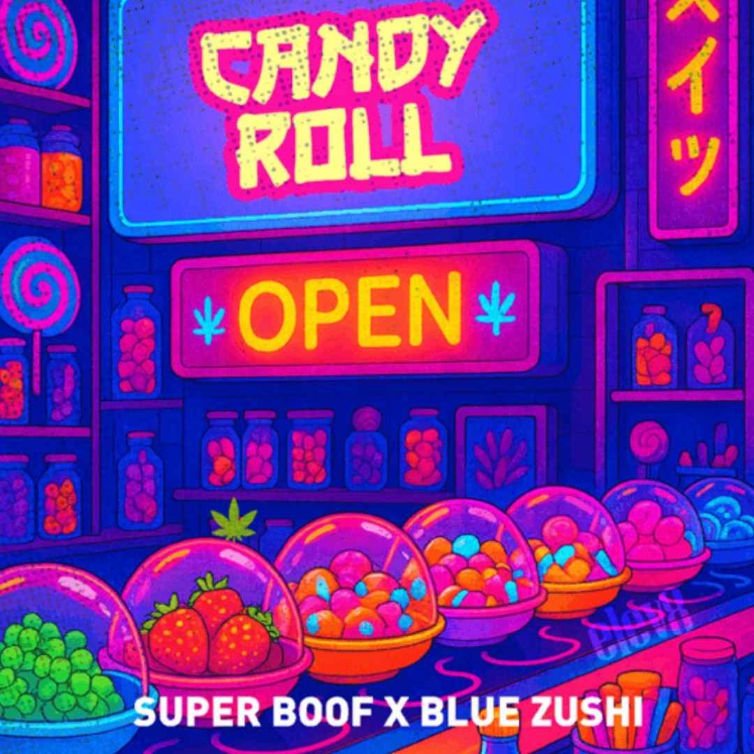 Candy Roll neonbuntes Süßigkeitenmotiv mit Früchten und Bonbons im leuchtenden Shopdesign