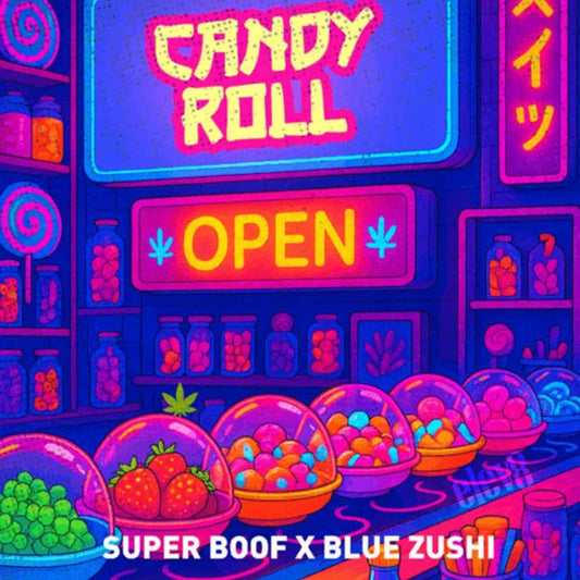 Candy Roll neonbuntes Süßigkeitenmotiv mit Früchten und Bonbons im leuchtenden Shopdesign