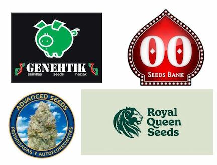 Logos von verschiedenen Cannabis-Samenbanken, darunter Royal Queen Seeds und Advanced Seeds.