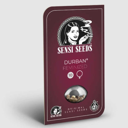 Durban feminisierte Cannabissamen von Sensi Seeds in burgunderroter Verpackung