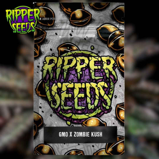 Verpackungsdesign der Cannabissorte GMO x Zombie Kush mit auffälligem Ripper-Seeds-Schriftzug