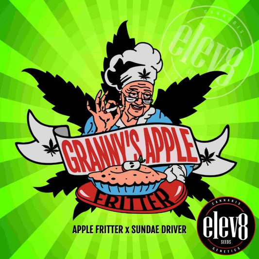 Granny's Apple Fritter Logo mit Oma, Apfelkuchen und Sortenangabe Apple Fritter x Sundae Driver