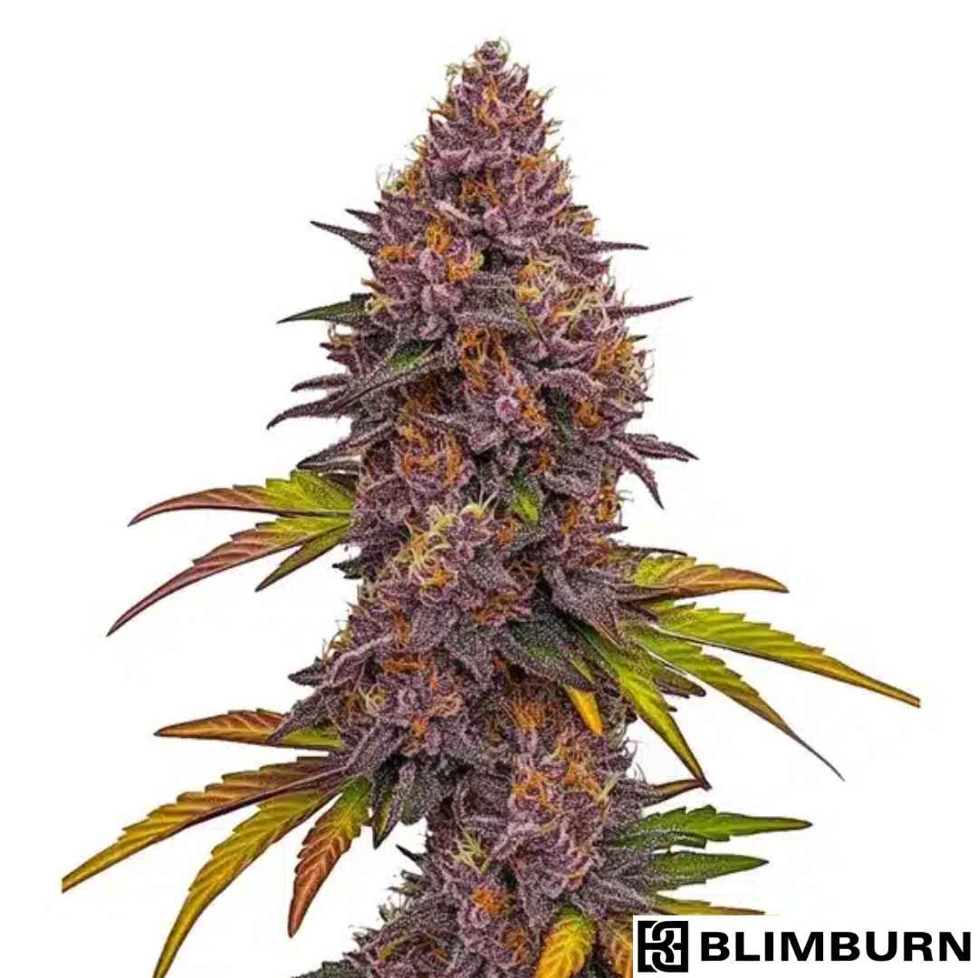 Grizzly Purple Auto mit dichten violetten Buds, orangefarbenen Blütenfäden und harzreichen Blüten
