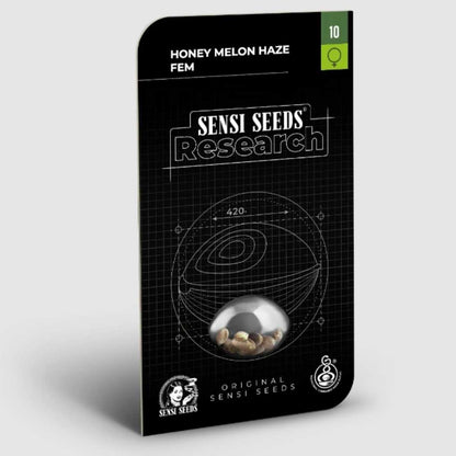Sensi Seeds Honey Melon Haze F1 Samenpackung mit schwarzem Design.