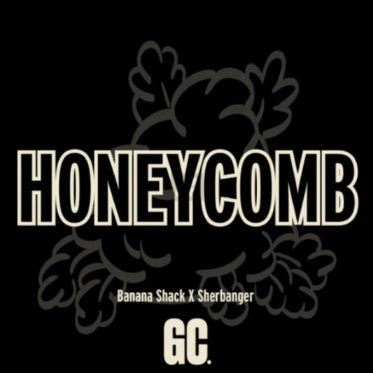Honeycomb Logo mit Banana Shack x Sherbanger Genetik und GC Branding
