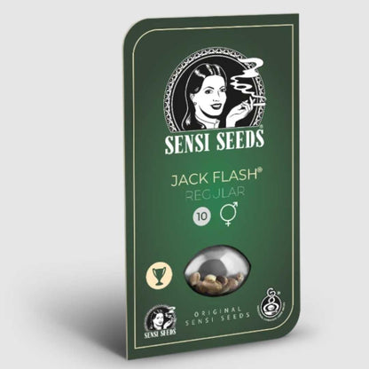 Jack Flash Regular Sensi Seeds Packung mit grünem Design und Sichtfenster für Cannabissamen