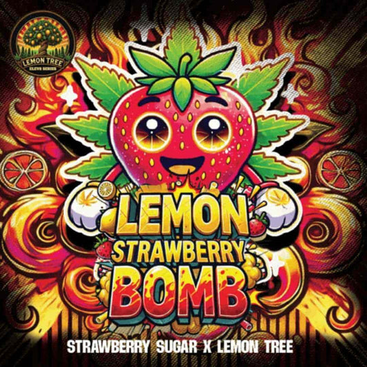 Cartoon-Erdbeere mit Zitronenmotiven im Logo der Lemon Strawberry Bomb Sorte