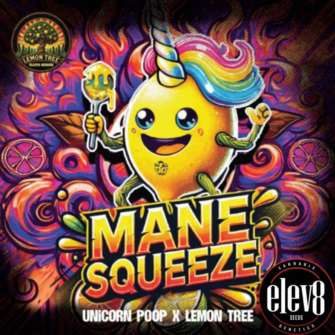 Fröhliche Zitrone mit Einhornmähne und Löffel als Mane Squeeze Maskottchen in buntem Comicstil