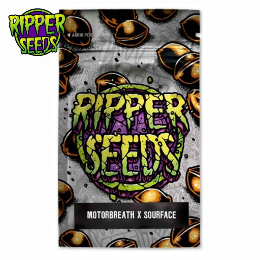 Motorbreath x Sour Face Samenverpackung mit auffälligem grünen und violetten Ripper-Seeds-Logo
