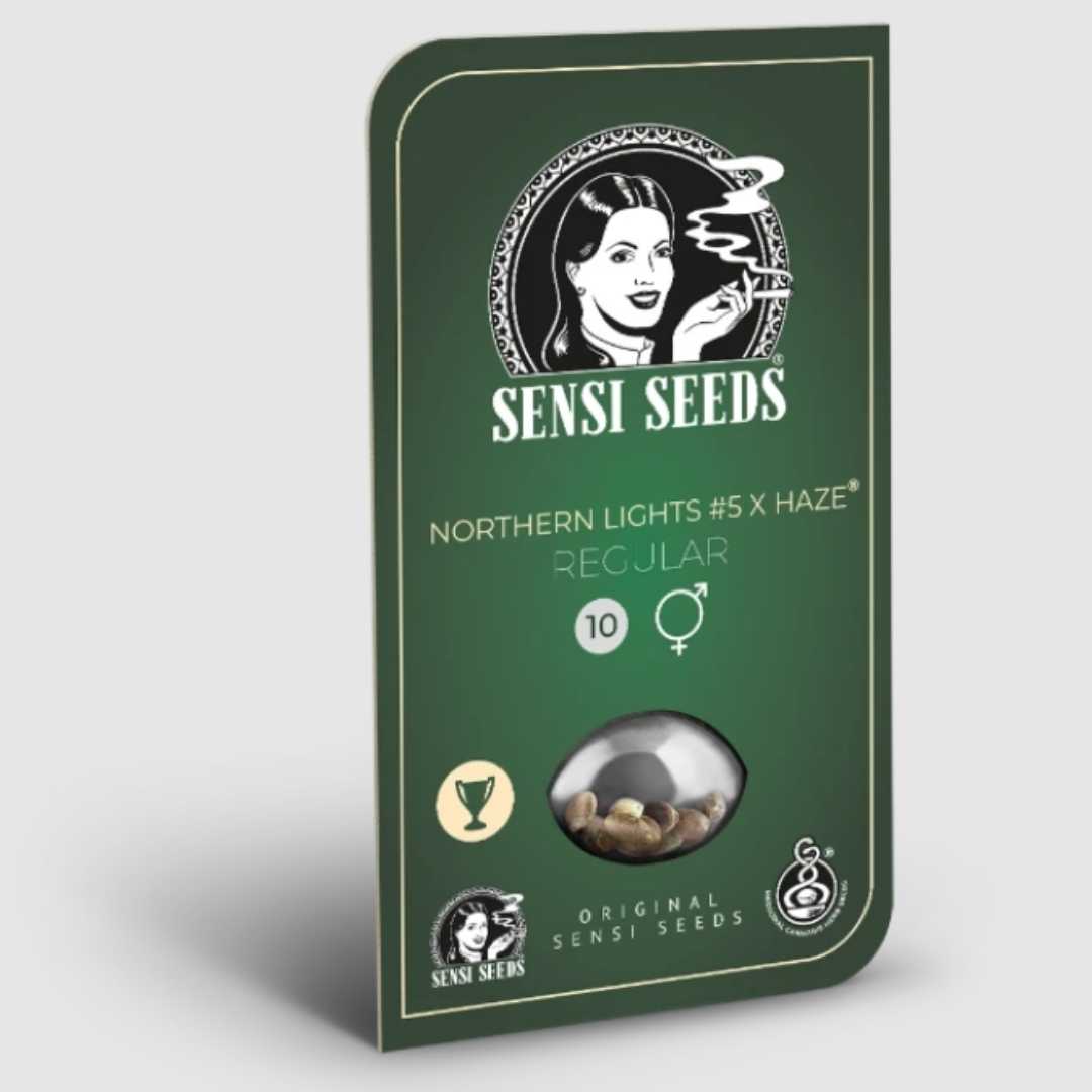 Verpackung von Northern Lights #5 x Haze Regular von Sensi Seeds mit sichtbaren Hanfsamen