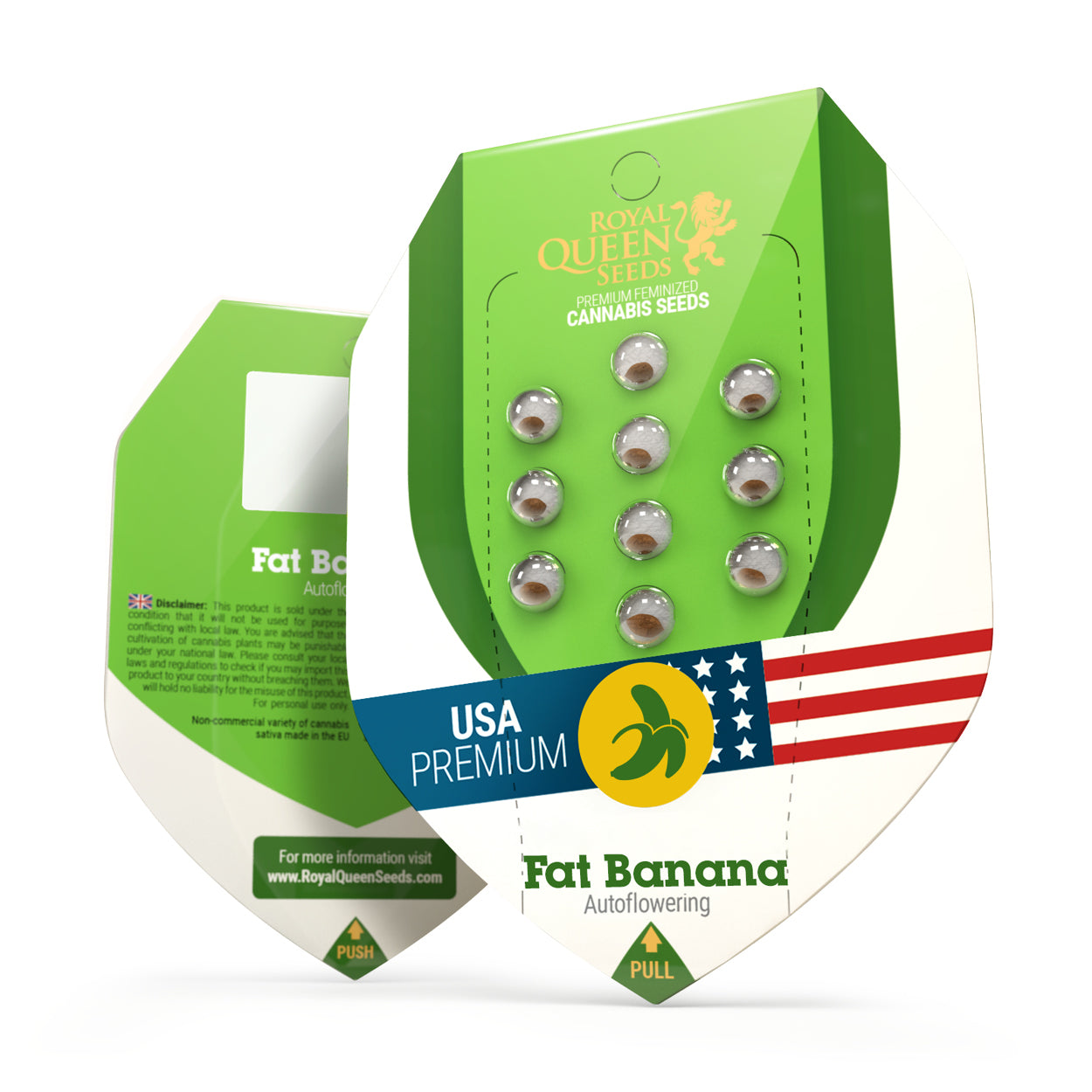 Verpackung der Fat Banana Auto Samen von Royal Queen Seeds mit USA Premium Label und grün-weißer Gestaltung