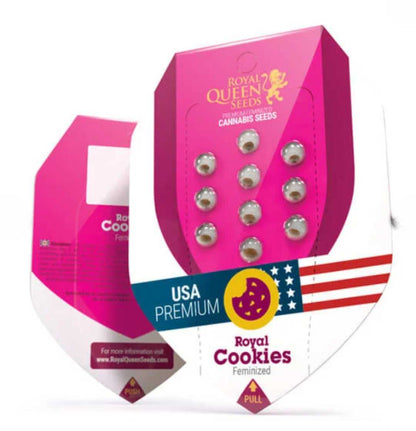 Verpackung de Royal Cookies Samen von Royal Queen Seeds in pink-weiß mit USA Premium Label