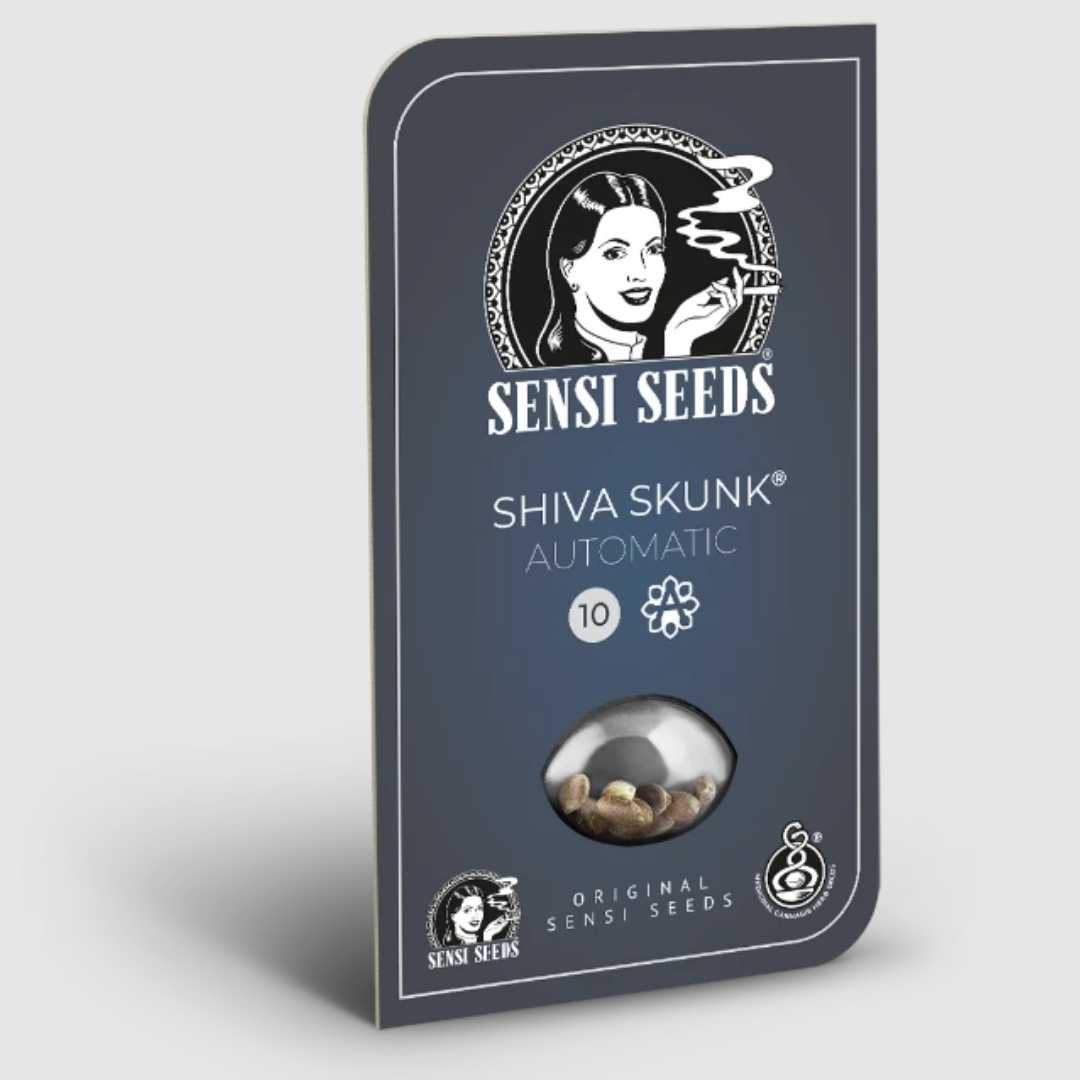Shiva Skunk Samenpackung von Sensi Seeds mit markantem Logo auf schwarzem Etui