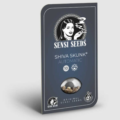 Shiva Skunk Samenpackung von Sensi Seeds mit markantem Logo auf schwarzem Etui