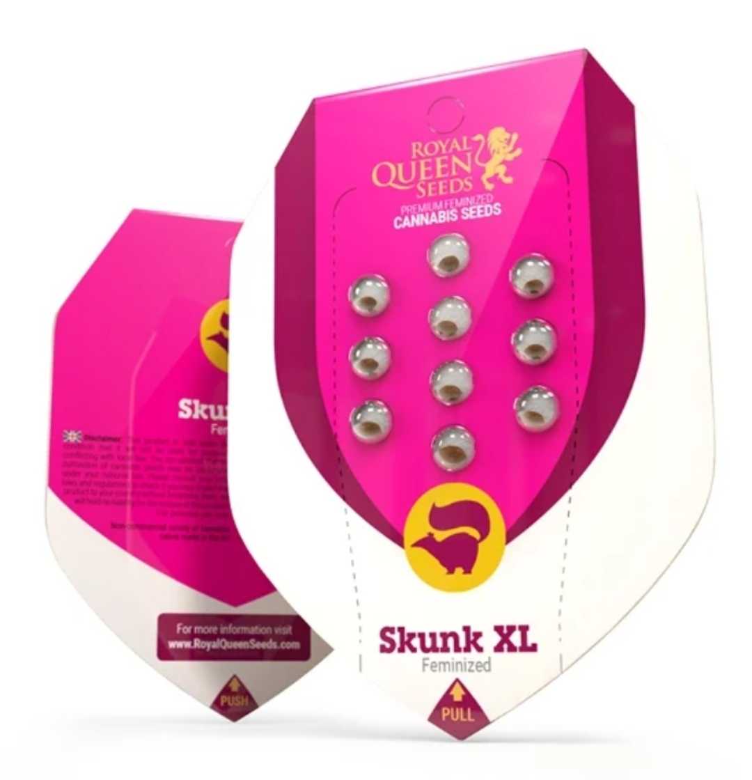 Skunk XL Samenpackung von Royal Queen Seeds mit auffälligem pinken Design