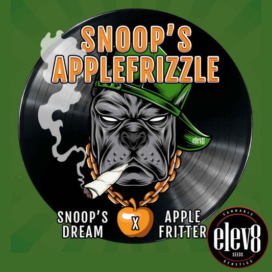 Snoop's Applefrizzle Label mit Bulldoggenmotiv und Hinweis auf Snoop's Dream x Apple Fritter