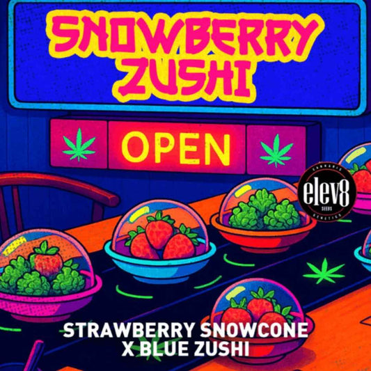 Snowberry Zushi Grafik mit Erdbeeren und Buds auf Sushi-Tabletts im Neonstil