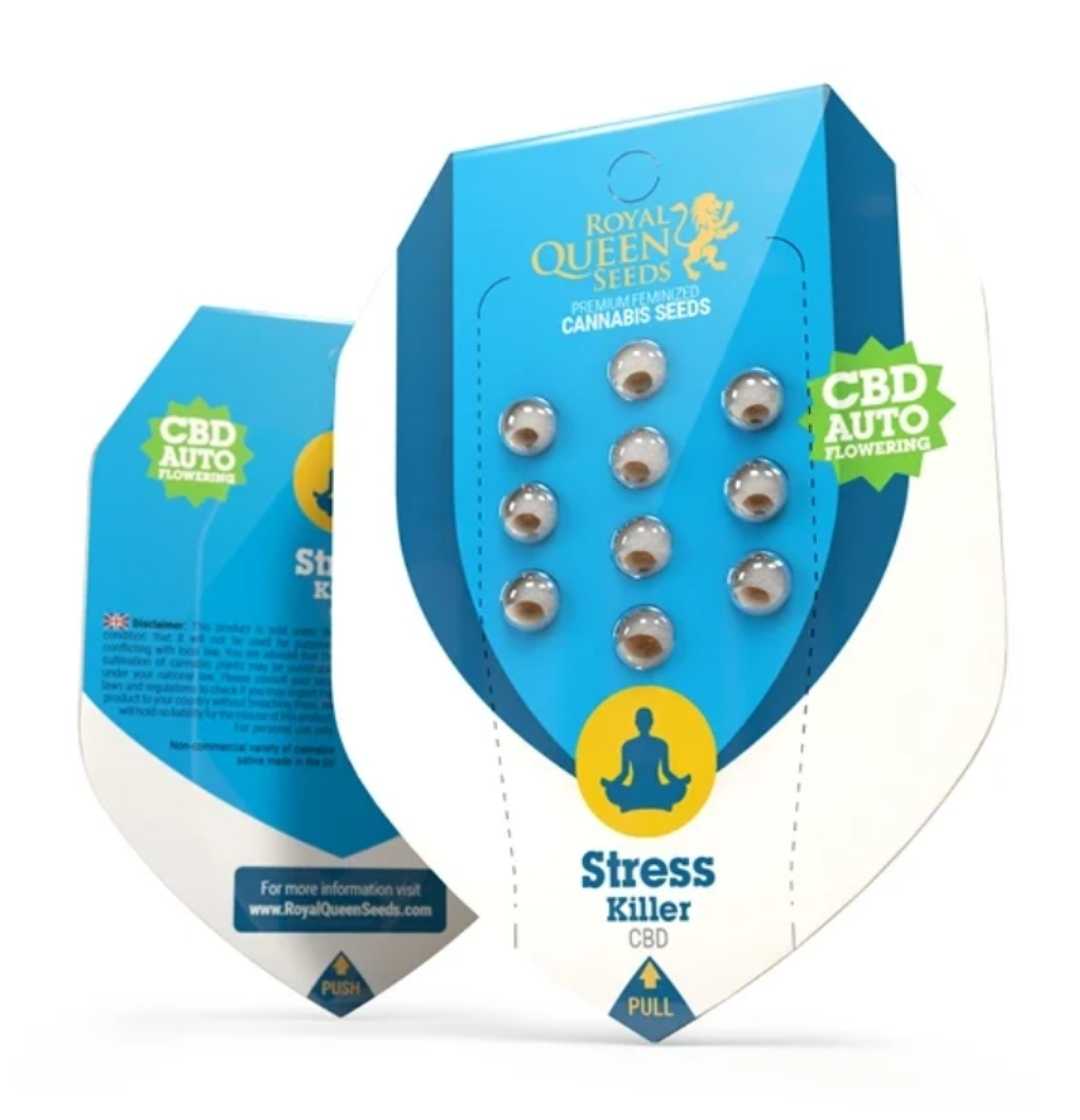 Verpackung der Stress Killer Automatic CBD Samen von Royal Queen Seeds mit sichtbarer Saatgut-Anordnung und CBD-Auto-Siegel