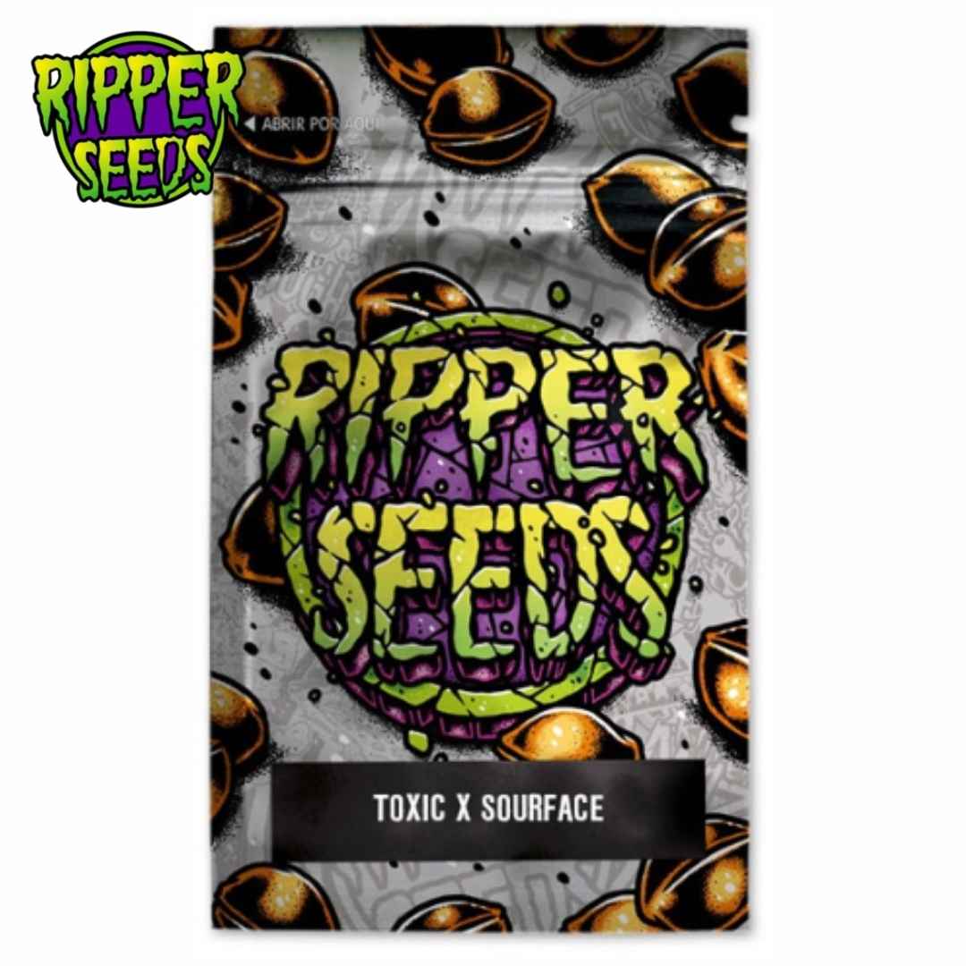 Toxic x Sour Face Cannabissamen-Verpackung mit grün-violettem Ripper-Seeds-Logo