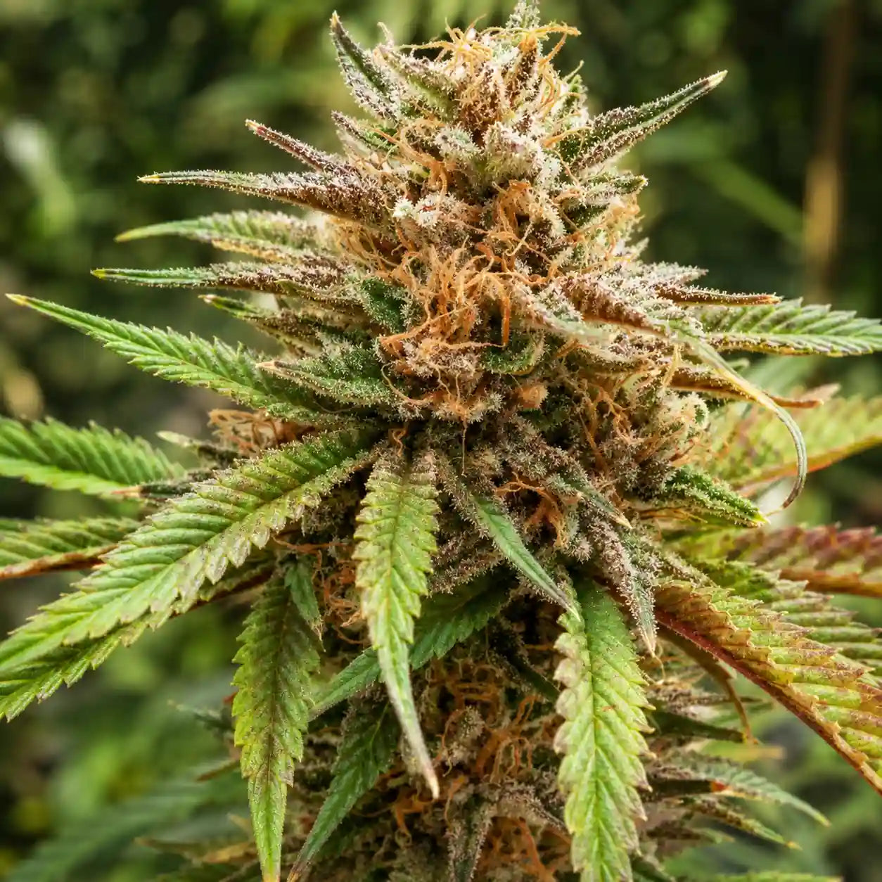 Durban Dew Blüte mit orangefarbenen Härchen, frostigen Trichomen und reifen Zuckerblättern