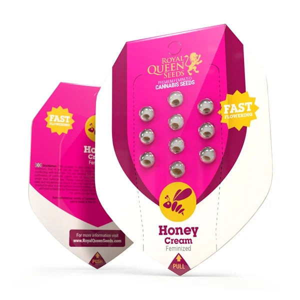 Verpackung der Honey Cream Samen von Royal Queen Seeds mit Schnellblüte-Hinweis und markantem Bienenlogo.