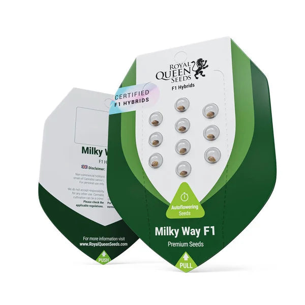 amenverpackung der Auto Milky Way F1 von Royal Queen Seeds mit zehn zertifizierten F1-Hybridsamen.
