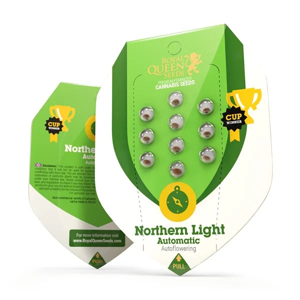 Verpackung von Auto Northern Light Samen mit grünem Design und Pokal-Symbol für eine preisgekrönte Sorte.