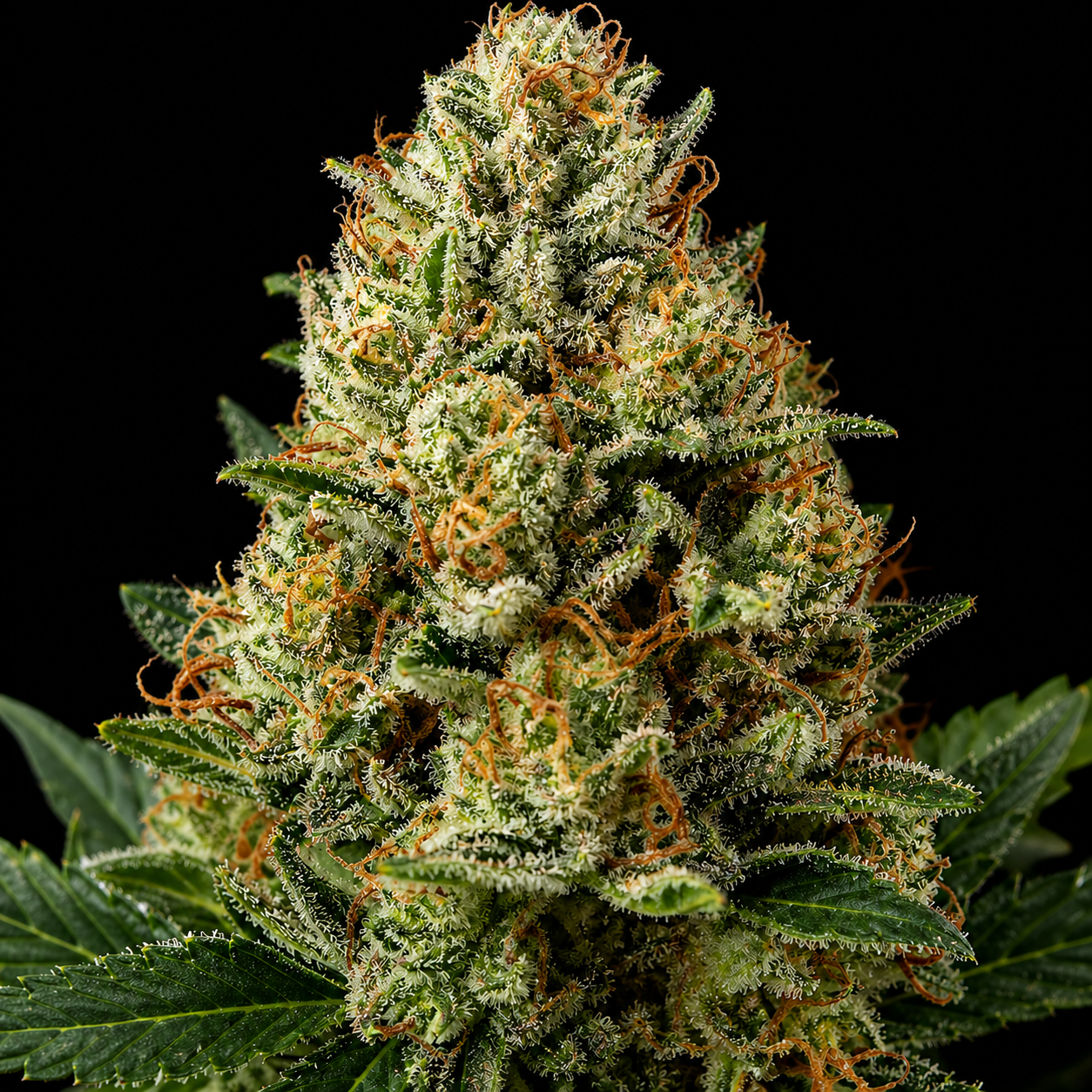 Schnell blühende Cannabissorten Blüte mit dichten Buds, vielen Trichomen und orangefarbenen Härchen