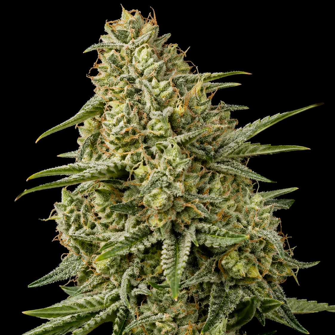 THC reiche Cannabissorten Blüte mit kompakten, stark verharzten Buds und grünen Blättern